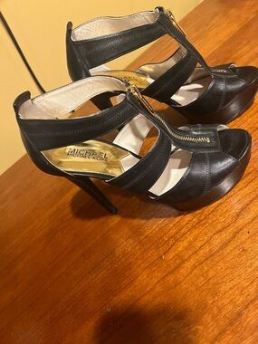 Michael Kors Black Leather Zip-T Strap High Heels